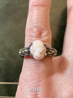 Coral Pink Cameo, Marcasites, Solid Silver, Very Beautiful Antique Ring