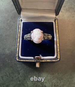 Coral Pink Cameo, Marcasites, Solid Silver, Very Beautiful Antique Ring
