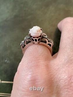 Coral Pink Cameo, Marcasites, Solid Silver, Very Beautiful Antique Ring