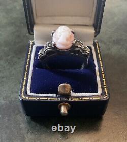Coral Pink Cameo, Marcasites, Solid Silver, Very Beautiful Antique Ring