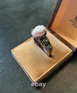 Coral Pink Cameo, Marcasites, Solid Silver, Very Beautiful Antique Ring