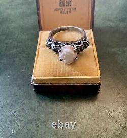 Coral Pink Cameo, Marcasites, Solid Silver, Very Beautiful Antique Ring