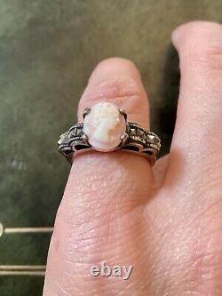 Coral Pink Cameo, Marcasites, Solid Silver, Very Beautiful Antique Ring