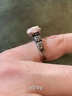 Coral Pink Cameo, Marcasites, Solid Silver, Very Beautiful Antique Ring