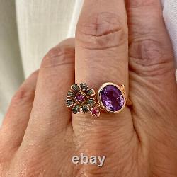 Creater Amethyst & Rubis Ancient Ring Vermeil Gold Pink And Silver Massive -60