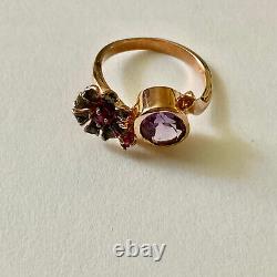 Creater Amethyst & Rubis Ancient Ring Vermeil Gold Pink And Silver Massive -60