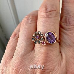 Creater Amethyst & Rubis Ancient Ring Vermeil Gold Pink And Silver Massive -60