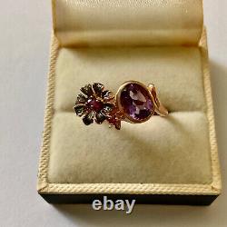 Creater Amethyst & Rubis Ancient Ring Vermeil Gold Pink And Silver Massive -60