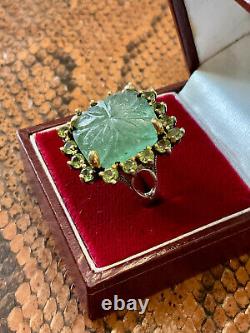 Creator Engraved Jade & Antique Peridot Vermeil Gold Silver Ring Solid T56