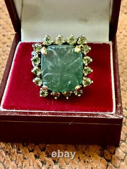 Creator Engraved Jade & Antique Peridot Vermeil Gold Silver Ring Solid T56