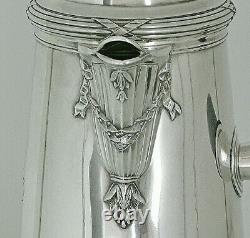 ÉMILE PUIFORCAT OLD SOLID SILVER CHOCOLATE POT MINERVA 769g LOUIS XVI RIBBON
