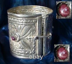 Enormous Antique Bracelet 193g Solid Silver, 3 Three 15 Carat Starred Rubies