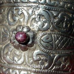 Enormous Antique Bracelet 193g Solid Silver, 3 Three 15 Carat Starred Rubies