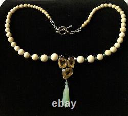 Exceptional Old Collier Citrine, Jade, Bone, Silver Massive, Art Deco