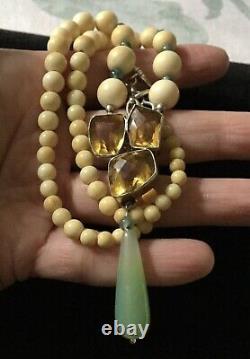 Exceptional Old Collier Citrine, Jade, Bone, Silver Massive, Art Deco