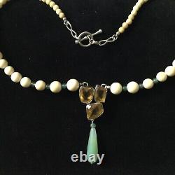 Exceptional Old Collier Citrine, Jade, Bone, Silver Massive, Art Deco