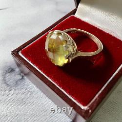 Faceted Citrine Art Deco Ancient Silver Ring Massif Design Size 55