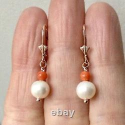 Fine Old Earrings Veritable Coral Rose, Fine Pearl, Vermeil