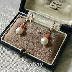 Fine Old Earrings Veritable Coral Rose, Fine Pearl, Vermeil