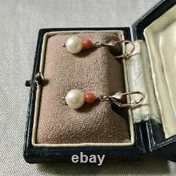 Fine Old Earrings Veritable Coral Rose, Fine Pearl, Vermeil