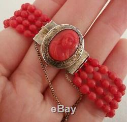 Former 19th Bracelet Beads And Cameo In Coral Red Clasp Silver 17cm