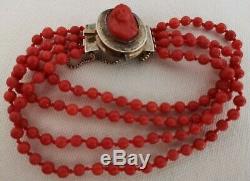 Former 19th Bracelet Beads And Cameo In Coral Red Clasp Silver 17cm