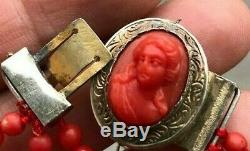 Former 19th Bracelet Beads And Cameo In Coral Red Clasp Silver 17cm