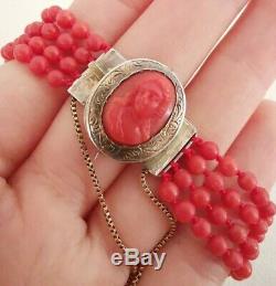 Former 19th Bracelet Beads And Cameo In Coral Red Clasp Silver 17cm