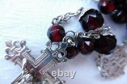 Former 19th Chapel In Silver Massif And Grenats Cross Flower Of Lys Rosary 50cm