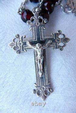 Former 19th Chapel In Silver Massif And Grenats Cross Flower Of Lys Rosary 50cm