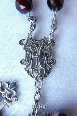 Former 19th Chapel In Silver Massif And Grenats Cross Flower Of Lys Rosary 50cm