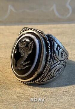 Former Afghan 19-20th Century Ring, Massive Silver, Agate Horse Intaille