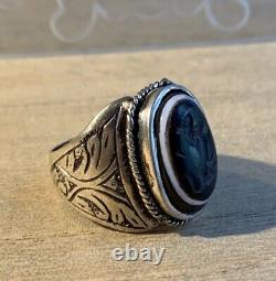 Former Afghan 19-20th Century Ring, Massive Silver, Agate Horse Intaille