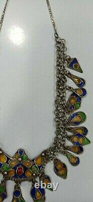 Former Berber Ethnic Oak Necklace In Solid Silver Enamelled Handemade 36.8g