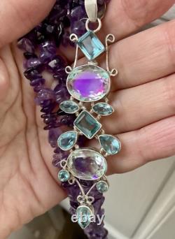 Genuine Amethyst, Blue Topaz / Mystic, Sterling Silver, Antique Necklace