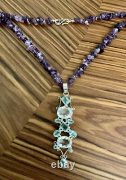 Genuine Amethyst, Blue Topaz / Mystic, Sterling Silver, Antique Necklace