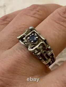 Genuine Sapphire, Solid Silver, Modernist Unique Creator Antique Ring