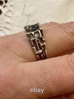 Genuine Sapphire, Solid Silver, Modernist Unique Creator Antique Ring