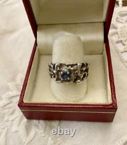 Genuine Sapphire, Solid Silver, Modernist Unique Creator Antique Ring