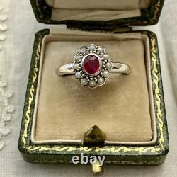 Genuine Sublime Ruby, Fine Pearl, Solid Silver, Very Beautiful Antique Ring