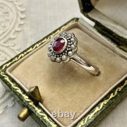 Genuine Sublime Ruby, Fine Pearl, Solid Silver, Very Beautiful Antique Ring