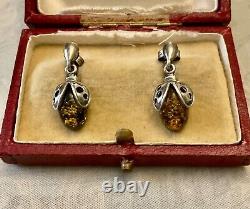 Genuine Worked Solid Silver Amber, Antique Earrings