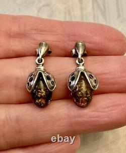 Genuine Worked Solid Silver Amber, Antique Earrings