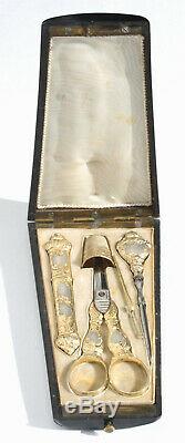 Gilt Silver Old Gold Sewing Kit Box Marquetry Scissors Case