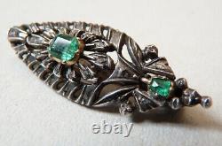 Gold Brooch And Solid Argent + Emerald + Diamonds Old Jewellery 18th Century