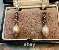 Grenat, Beautiful Pink Pearl, Massive Silver, Long Old Earrings