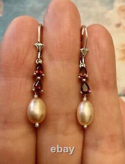 Grenat, Beautiful Pink Pearl, Massive Silver, Long Old Earrings