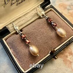 Grenat, Beautiful Pink Pearl, Massive Silver, Long Old Earrings