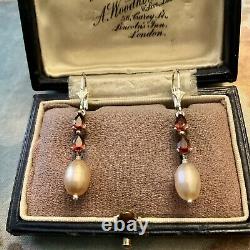 Grenat, Beautiful Pink Pearl, Massive Silver, Long Old Earrings