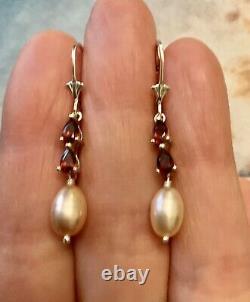 Grenat, Beautiful Pink Pearl, Massive Silver, Long Old Earrings